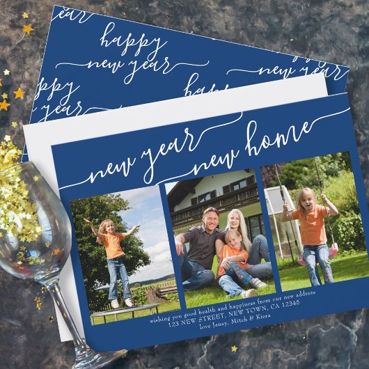 Nieuw jaar Nieuw-Home Elegant Script 3 Foto Blue Feestdagenkaart
