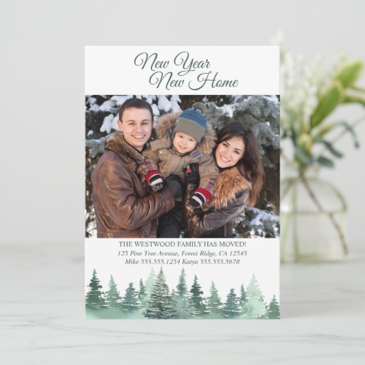 Nieuw Jaar Nieuw Huis Winter Bos Verhuizen Aankondiging (Staand voorkant)