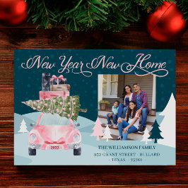 Nieuw jaar Nieuw jaar Foto van Chic Pink Retro Car Feestdagenkaart