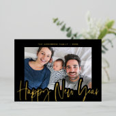 Nieuw jaar oud script zwart fotogoud folie feestdagenkaart (Staand Voorkant)