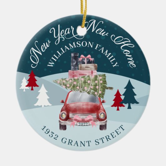Nieuw jaar: Rode Retro auto auto's Keramisch Ornament (Voorkant)