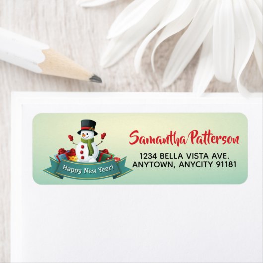 Nieuw jaar Snowman Return Address Label (Insitu)