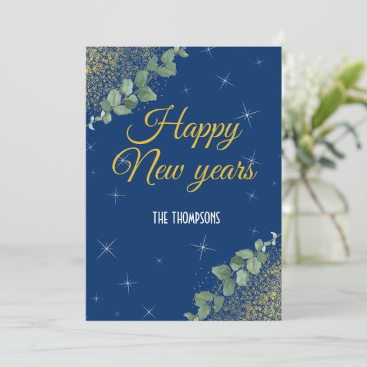Nieuw Jaar Sparkling Waterverf Eve Party Navy Gold Feestdagenkaart (Staand voorkant)