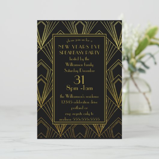 Nieuw jaar: Speakeasy Party Black Gold Art Deco Kaart (Staand voorkant)