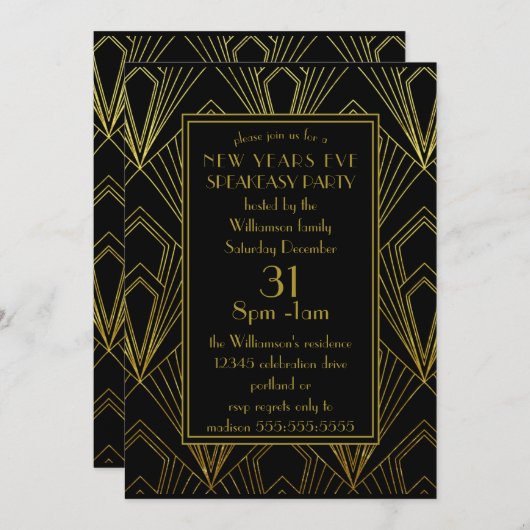 Nieuw jaar: Speakeasy Party Black Gold Art Deco Kaart (Voorkant / Achterkant)