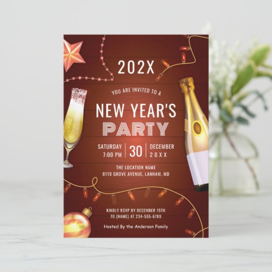 Nieuw jaar van Champagne String Lights Kaart (Staand voorkant)