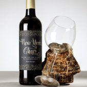 Nieuw jaar zwart-witscript sneeuwflake glitter wijn etiket
