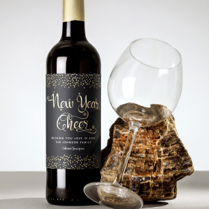 Nieuw jaar zwart-witscript sneeuwflake glitter wijn etiket