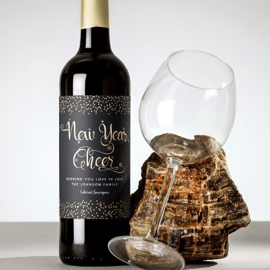 Nieuw jaar zwart-witscript sneeuwflake glitter wijn etiket