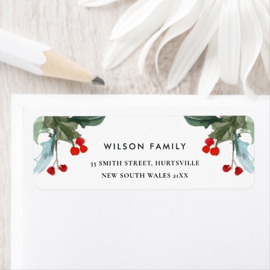 NIEUW JAARADRES VAN DE OUDE RODE GREEN HOLLY BERRY ETIKET (Insitu)