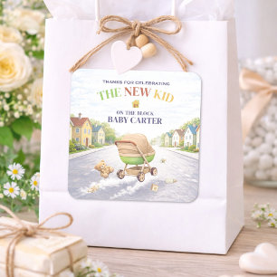 Nieuw kind in de blok baby shower bedankt vierkante sticker