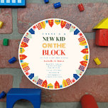 Nieuw Kind op het Block Buurt baby shower Kaart<br><div class="desc">"Nieuw kind op het blok" thema baby shower met rand van kleurrijke huizen en gebouwen in felle kleuren met tekst in het midden.</div>