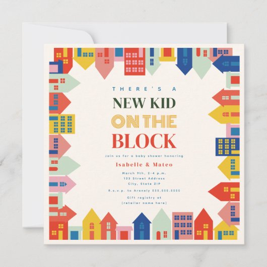 Nieuw Kind op het Block Buurt baby shower Kaart (Voorkant)