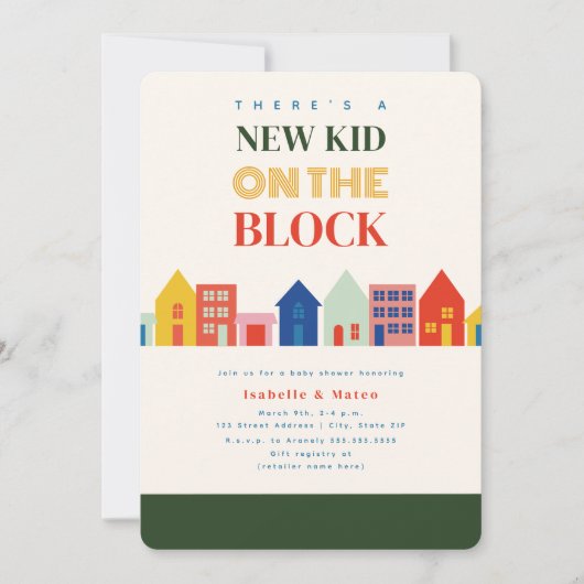Nieuw Kind op het Block Buurt Baby shower Kaart (Voorkant)