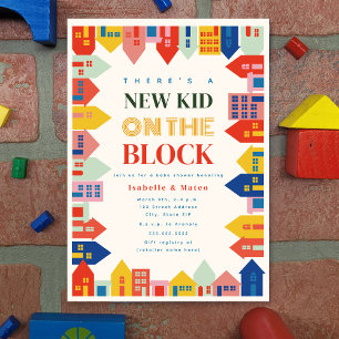 Nieuw Kind op het Block Homes Border Baby shower Kaart