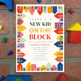 Nieuw Kind op het Block Homes Border Baby shower Kaart