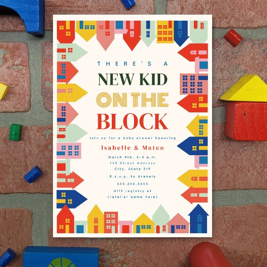 Nieuw Kind op het Block Homes Border Baby shower Kaart