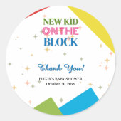 Nieuw Kind op het blok Kleurrijk Baby shower Ronde Sticker (Voorkant)