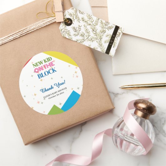 Nieuw Kind op het blok Kleurrijk Baby shower Ronde Sticker (Geschenken)