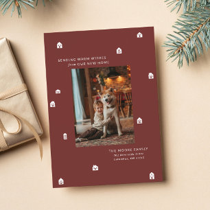Nieuw modern huis twee foto's bordeauxrood Kerstmi Feestdagenkaart