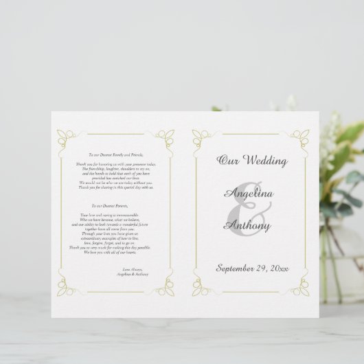 Nieuw Olijfgroen art Deco Foral Wedding Programme (Staand voorkant)