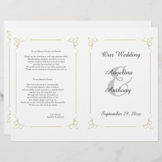 Nieuw Olijfgroen art Deco Foral Wedding Programme (Voorkant / Achterkant)