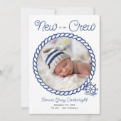 Nieuw op de 2 Foto Blue Nautical Wheel Birth Aankondiging (Voorkant)