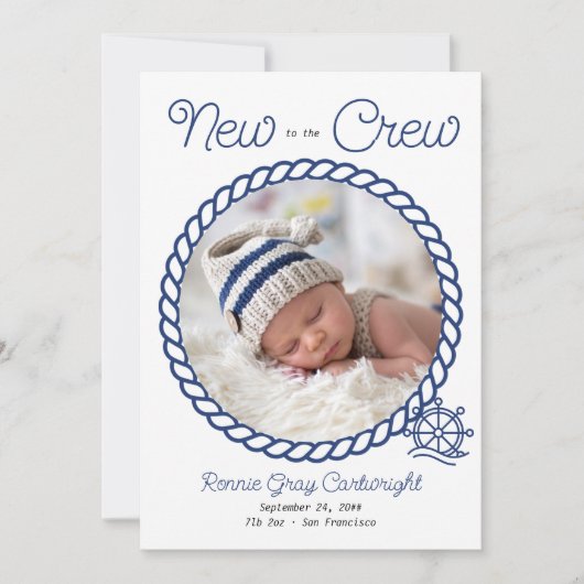 Nieuw op de 2 Foto Blue Nautical Wheel Birth Aankondiging (Voorkant)