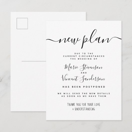 Nieuw Plan Black en White Postponed Wedding Uitnodiging Briefkaart (Voorkant / Achterkant)