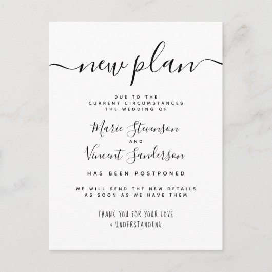 Nieuw Plan Black en White Postponed Wedding Uitnodiging Briefkaart (Voorkant)