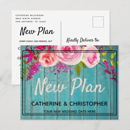 Nieuw plan Rustic Blue Wood Floral Weddenschap uit Briefkaart (Voorkant / Achterkant)