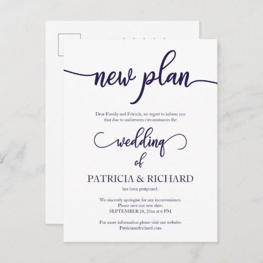 Nieuw plan Uitgestelde bruiloft Navy Blue Script Briefkaart (Voorkant / Achterkant)