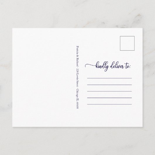 Nieuw plan Uitgestelde bruiloft Navy Blue Script Briefkaart (Achterkant)