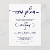 Nieuw plan Uitgestelde bruiloft Navy Blue Script Briefkaart (Voorkant)