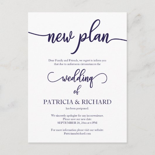 Nieuw plan Uitgestelde bruiloft Navy Blue Script Briefkaart (Voorkant)