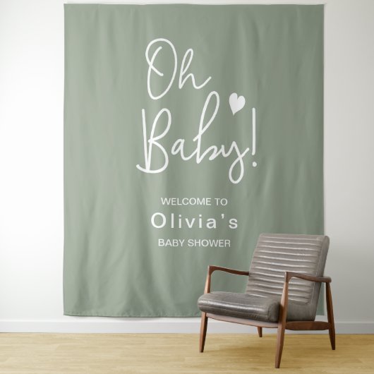 Nieuw script Neutraal Groen Baby shower Oh Baby Wandkleed (In situ)