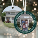 Nieuw startpunt 1 kerst 2 Foto groen Metalen Ornament<br><div class="desc">Geniet van de vreugde van uw nieuwe plek met een op maat gemaakte twee foto "Eerste Kerstmis in ons nieuwe huis", groen en wit rond metaal ornament. Alle afbeeldingen en formuleringen op deze sjabloon zijn eenvoudig te personaliseren. (AFBEELDING & TEKST ONTWERPTIPS: 1) Om positie van tekst aan te passen, voeg...</div>