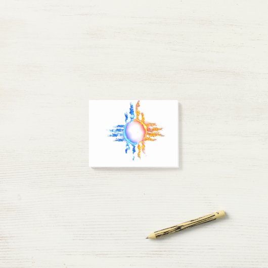 Nieuw symbool Mexico Zia in rode en blauwe vlammen Post-it® Notes (Op bureau)