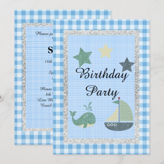 Nieuw thema Blauw White Check Birthday Party Kaart (Voorkant / Achterkant)