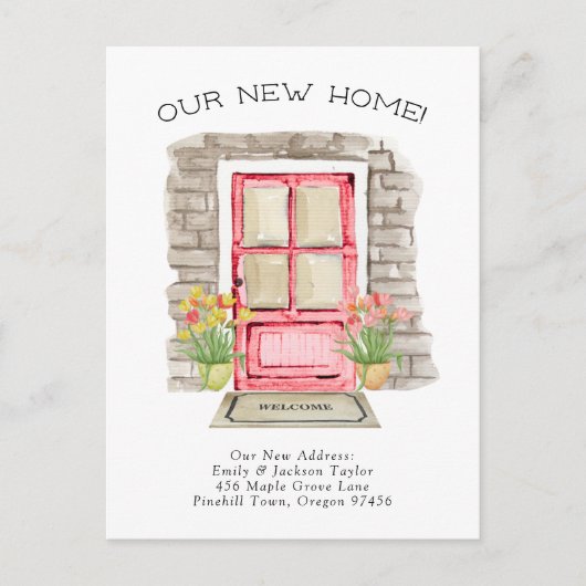 Nieuw Thuis - Cute Nieuw Adres Waterverfdeur  Aankondigingskaart (Voorkant)