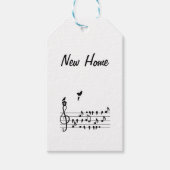 Nieuw thuis, zangvogel met sleutel van nieuw huis cadeaulabel (Voorkant)