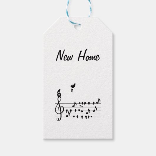 Nieuw thuis, zangvogel met sleutel van nieuw huis cadeaulabel (Voorkant)