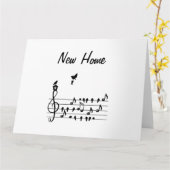 Nieuw thuis, zangvogel met sleutel van nieuw huis kaart (Gele Bloem)