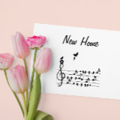 Nieuw thuis, zangvogel met sleutel van nieuw huis save the date