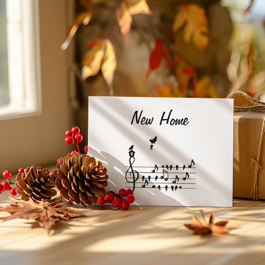 Nieuw thuis, zangvogel met sleutel van nieuw huis save the date