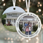 Nieuw thuisadres 1 Kerstmis 2 Foto zwart wit Metalen Ornament<br><div class="desc">Viel de vreugde van je nieuwe plek in met een op maat gemaakte twee foto "Eerste Kerstmis in ons nieuwe huis" zwart-wit rond ornament van metaal. Alle afbeeldingen en formuleringen op deze sjabloon zijn eenvoudig te personaliseren. (AFBEELDING & TEKST ONTWERPTIPS: 1) Om positie van tekst aan te passen, voeg ruimten...</div>