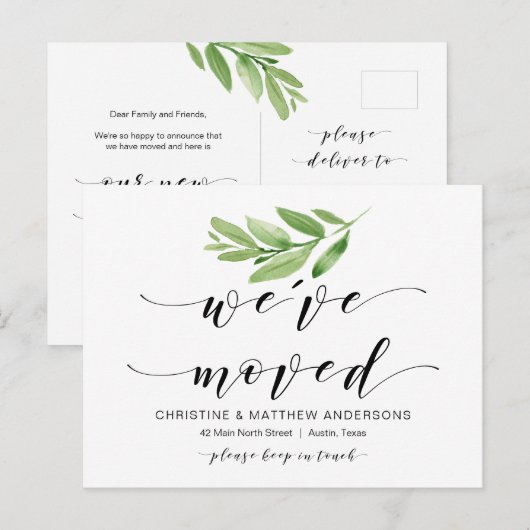 Nieuw thuisadres, Greenery, Moving Announge Briefkaart (Voorkant / Achterkant)