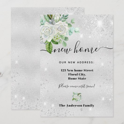 Nieuw thuisadres zilverfloraal aankondiging (Voorkant / Achterkant)