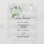 Nieuw thuisadres zilverflorale glitterstof aankondigingskaart (Voorkant / Achterkant)