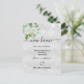 Nieuw thuisadres zilverflorale glitterstof aankondigingskaart (Staand voorkant)